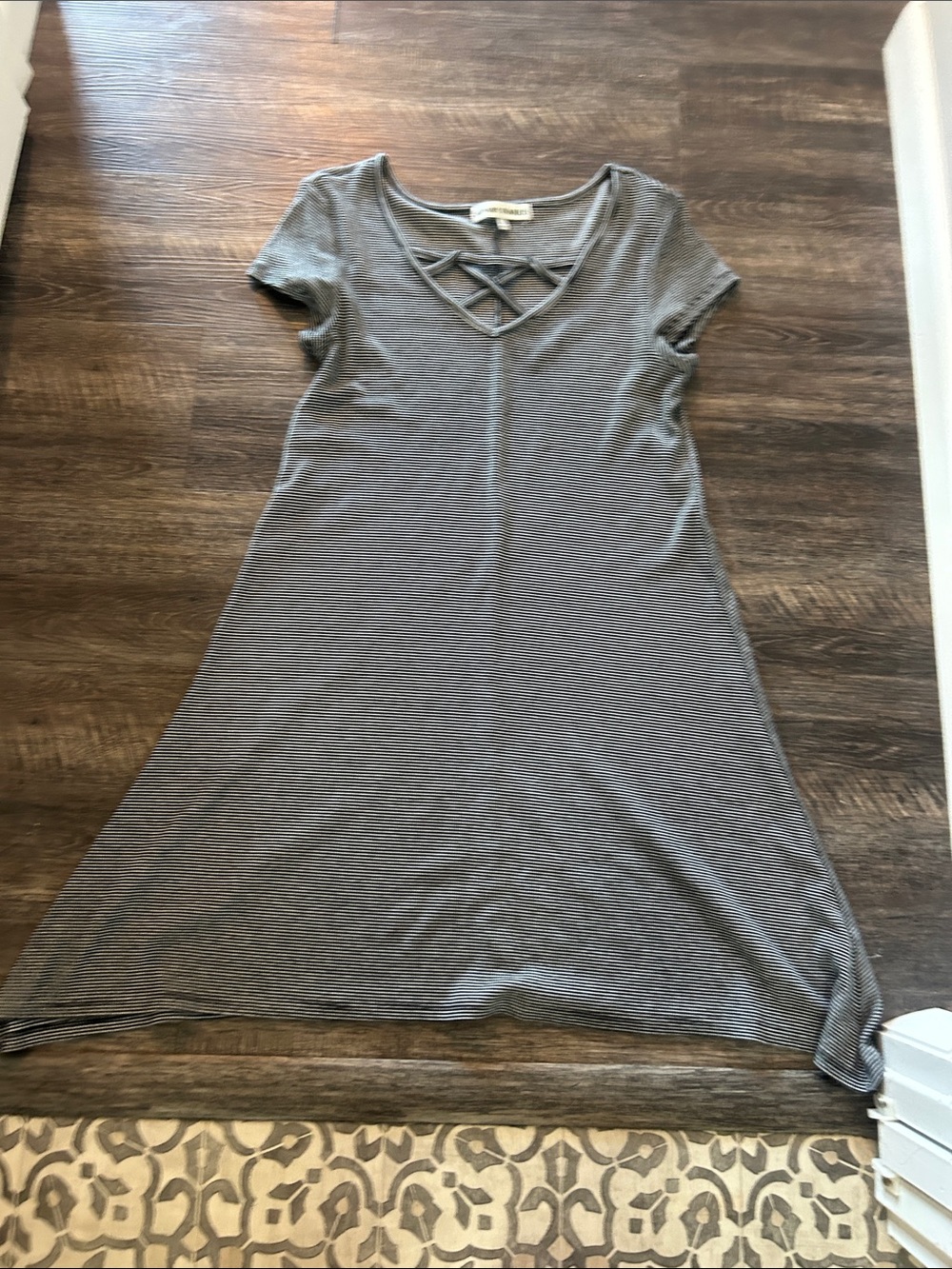 Almost Famous Gray Striped Crisscross V-Neck Midi Dress